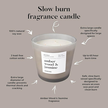 Hidden Label Large Scented Candle, Amber Wood & Jasmine, 30oz 3 Wick Huge Candle, Serene Collection Slow Burn Natural Soy Candles for Home Scented