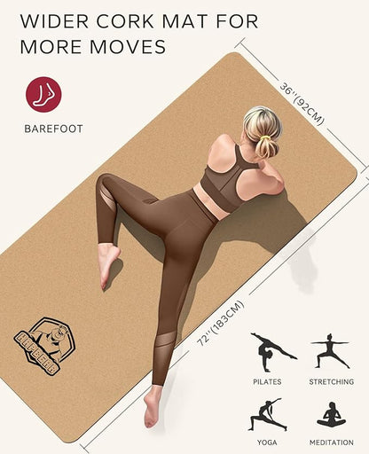 HAPBEAR Large Cork Yoga Mat - 72"x36" Wide Non-Slip for Home Workout, Yoga, Pilates & Stretching - 6mm Cushioned Support - Eco-Friendly & Durable - Bonus Resistance Bands & Carry Bag Included