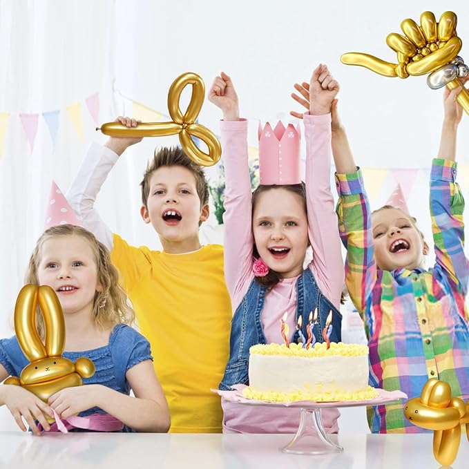 KAWKALSH 260 Metallic Gold Long Balloons for Balloon Garland Thickening Skinny Latex Twisting Animals Modeling Christmas Birthday Wedding Party Festival Decorations 100pcs