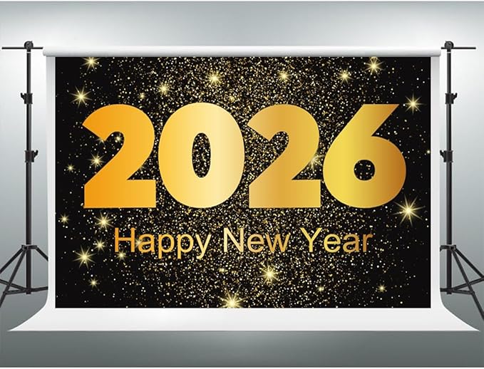 YongFoto 2026 Happy New Year Backdrop 20x10ft Gold Photography Background Merry Christmas Night Festival Carnival Family Celebration Party Banquet Decor Banner Photoshoot Wallpaper Photo Booth