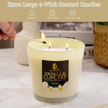 Large Candle Vanilla Cupcake Scented, 4 Wick Natural Soy Candles for Home Scented, 30oz Big Candle Long Lasting, Home Aromatherapy Candles Housewarming Valentine's Day Gift for Women Men