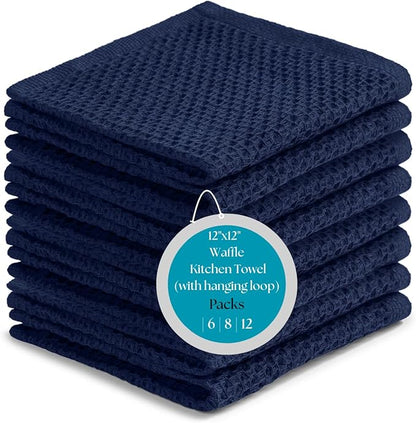 Cotton Waffle Weave Kitchen Wash Cloths - Pack of 8 (12x12 Inches) | Ultra Soft, Absorbent Dish Cloth | Quick Dry, Dish Cloths, Hand Towels & Dish Rags - Blue (Kitchen Essentials)