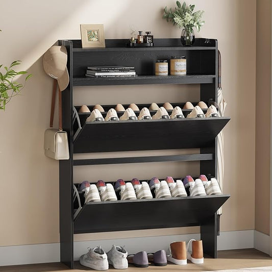 Shoe Cabinet Organizer with 2 Flip Drawers，Freestanding Shoe Rack Cabinet, Shoe Cabinet Storage for entryway, Foyer, Hallway, Black, 31.5" W