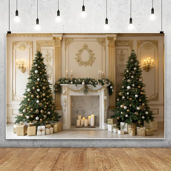 YongFoto Christmas Fireplace Backdrop 6x4ft Room Christmas Trees Classic Retro Wall Photography Background New Year Xmas Eve Family Winter Holiday Party Banner Photoshoot Wallpaper Photo Booth