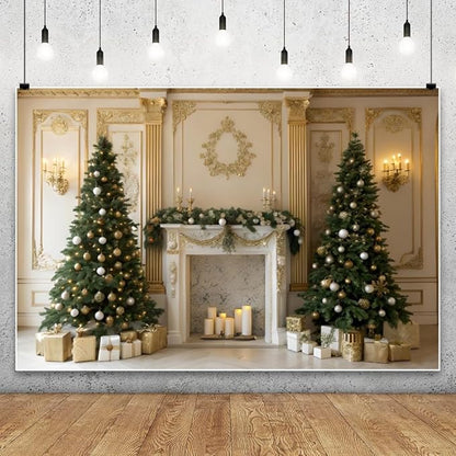 YongFoto Christmas Fireplace Backdrop 8x6ft Room Christmas Trees Classic Retro Wall Photography Background New Year Xmas Eve Family Winter Holiday Party Banner Photoshoot Wallpaper Photo Booth