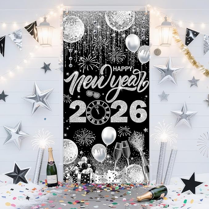 2026 Happy New Year Door Cover Banner Black and Sliver Photography Background New Years Eve Party Decoration Backdrop Holiday Party Hanging Poster Background Banner 35.4x70.8inch