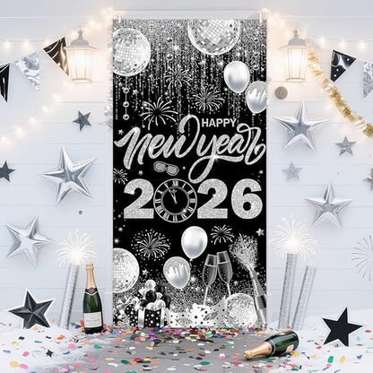 2026 Happy New Year Door Cover Banner Black and Sliver Photography Background New Years Eve Party Decoration Backdrop Holiday Party Hanging Poster Background Banner 35.4x70.8inch