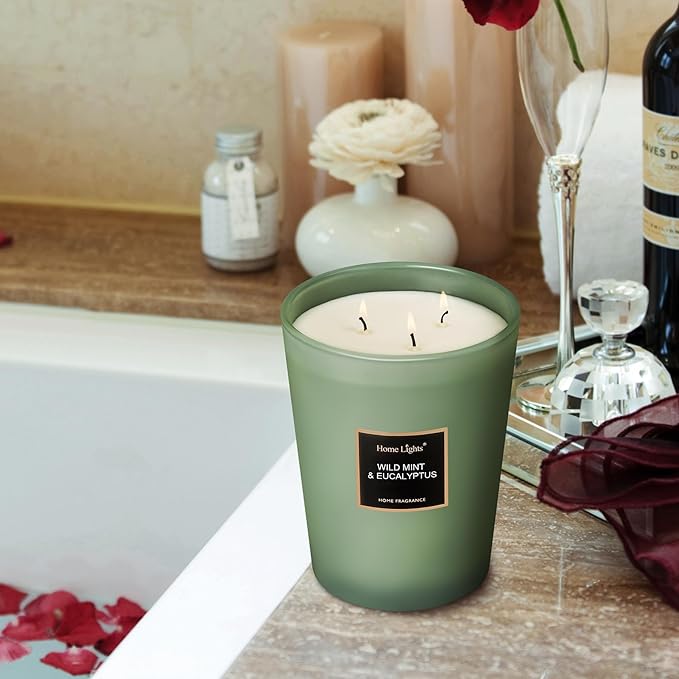 HomeLights Scented Candles - Large Jar Aromatherapy, Natural Soy Wax, 130 Hour Long Burning, Wild Mint & Eucalyptus