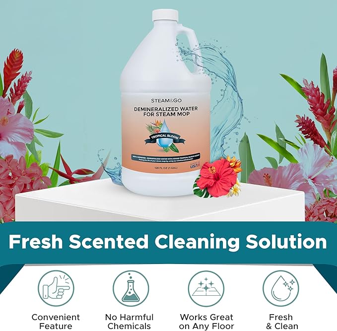 Steam & Go Demineralized Water Cleaning Solution for Floor & Multi-Surface Steam Cleaners - Compatible for All Steam Mops - Tropical Bloom Scent, 128 oz