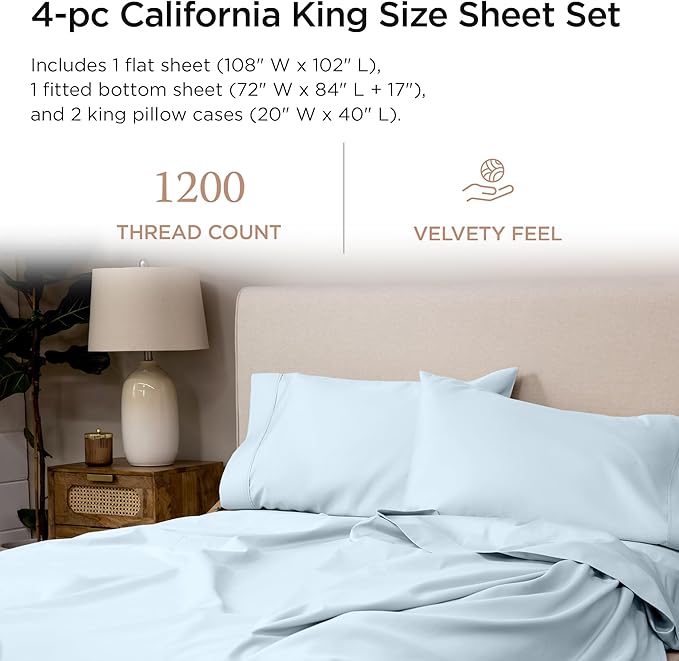 Threadmill California King Certified American Supima Cotton Sheets - 1200 Thread Count Hotel Quality 4 Piece Luxury Bed Set With Elasticized Extra Deep Pocket, Light Blue