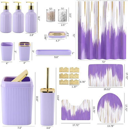 32PCS Bathroom Sets with Shower Curtain and Rugs-Purple Bathroom Accessories,Non Slip Bathroom Rugs Set with Toilet Lid Cover, Waterproof Shower Curtain, 3PC Soap Dispenser with Trash Can