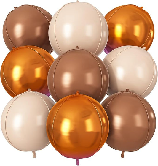 Retro Beige Orange Brown Round Foil Balloons 9 pcs,Metallic Giant 4D Round Balloons 22 Inch for Baby Shower Thanksgiving Fall Party Decorations