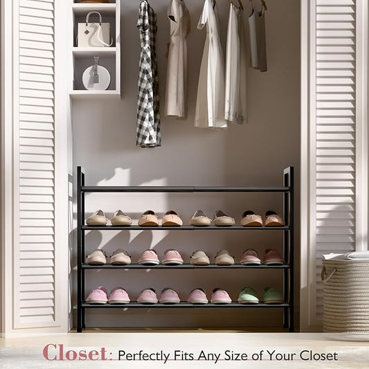 Bumusty 4-Tier Expandable Shoe Rack for Closet, 18“-33” Adjustable Shoe Rack for Small Space, Small Shoe Organizer for Front Door, Sturdy Metal, Black