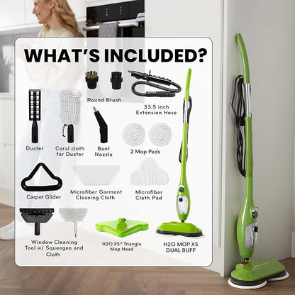H2O X5 Dual Buff Steam Mop, 8 in 1 Handheld Steam Cleaner For Kitchen Tile Floors, Hardwood Floors, Grout Cleaner, Upholstery Cleaner and Carpets, 2 washable scrub pads, 11 cleaning accessories