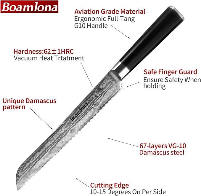 Damascus kitchen Knife, Japanese VG10 Steel Core, Sturdy & Durable G10 Handle, Real 67 Layer of Patterns, Includes Sheath and Gift Box (8" Bread Knifee)