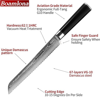 Damascus kitchen Knife, Japanese VG10 Steel Core, Sturdy & Durable G10 Handle, Real 67 Layer of Patterns, Includes Sheath and Gift Box (8" Bread Knifee)
