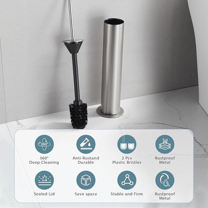 BGL Toilet Brush and Holder Set, Heavy Duty 304 Stainless Steel, Round Base and Long Handle for Bathroom Deep Cleaning, Drip-Proof, Space Saving for Storag, Stainless Steel