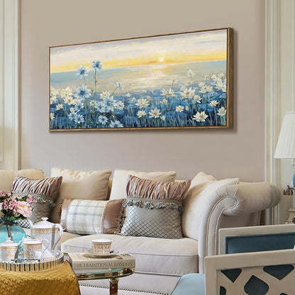 amatop Large Framed Wall Art for Living Room Bedroom Office Decor, Modern Beach Canvas Wall Art Coastal Ocean Nature Blue Artwork Floral Sunrise/Sunset Zen Landscape Flower Wall Picture 48"x24"