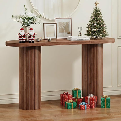 55 Inch Console Table, Fluted Entryway Table, Mid-Century Modern Sofa Table Behind The Couch, Hallway Tables, Curved Sofa Stand for Hallway, Living Room, Foyer Walnut