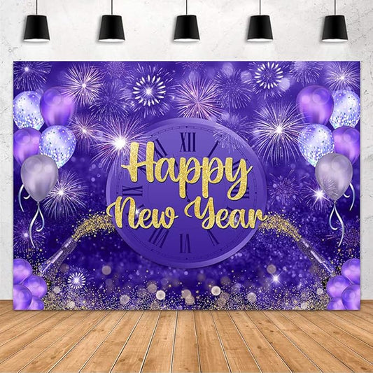 MEHOFOND Happy New Year Backdrop Purple 2026 New Year Eve Party Decorations Banner Supplies Shining Champagne Balloons Firework Photography Background New Years Eve Photo Studio Props 7x5ft