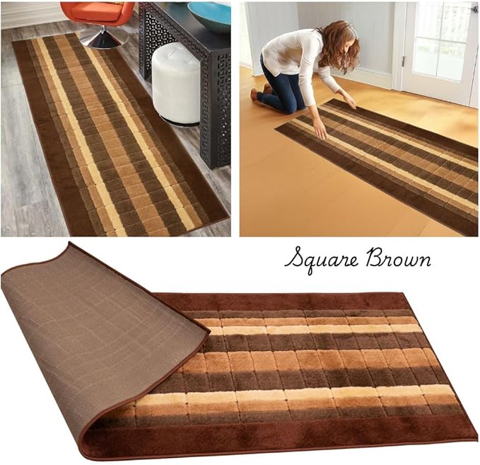 Washable Custom Size Runner Rug Squares Geometric Design Extra Long Runner Rugs for Hallways 26 Inch Wide x Pick Your Size by Feet Slip Skid Resistant Rubber Back (Square Brown, 2 ft x 26 in)