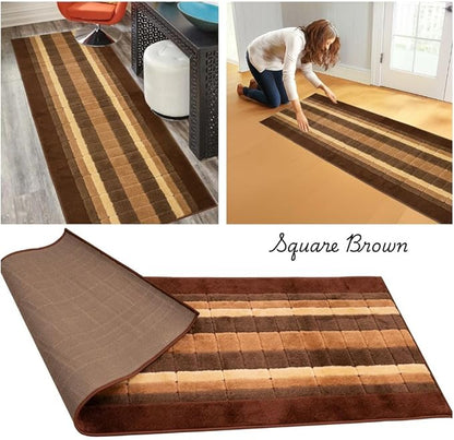 Washable Custom Size Runner Rug Squares Geometric Design Extra Long Runner Rugs for Hallways 26 Inch Wide x Pick Your Size by Feet Slip Skid Resistant Rubber Back (Square Brown, 2 ft x 26 in)