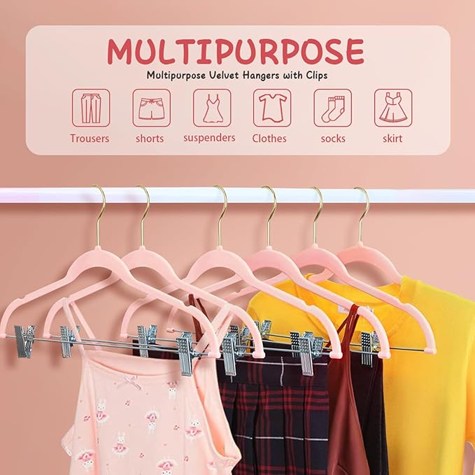 Stormix Baby Hangers, 24 Pack Pants Hangers with Clips, Non-Slip Clothes Hangers, Heavy-Duty Kids Hangers for Shirts, Pants, Skirts, Dresses, Jackets, Coat Pink (Gold Hook)