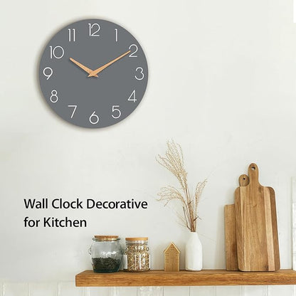 Wall Clock, 10 Inch Wooden Silent Non-Ticking, Decorative Battery Operated Wall Clocks for Bedroom, Kitchen, Home, Living Room, Office, School, Hotel (Gray)