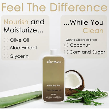 GirlyMan Natural Body Wash - Made with Olive Oil & Aloe Extract, No Artificial Fragrance, PH Balanced, Gentle Formula, Nourishing Ingredients, Family Owned (Sandalwood)