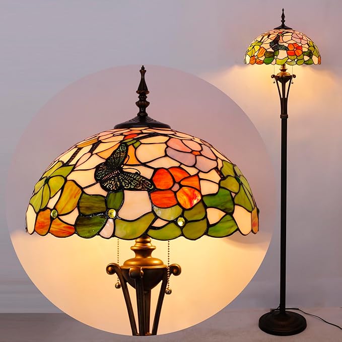 Tiffany Floor Lamp Butterfly Flower Stained Glass Standing Reading Light 16X16X70 Inches Antique Pole Corner Lamp Decor Bedroom Office Living Room