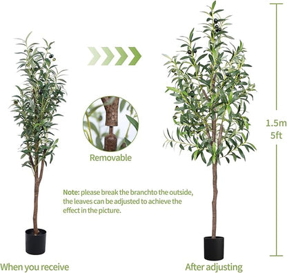 Artificial Olive Tree 5FT Tall Faux Silk Plant 60inch Fake Olive Tree with Trunk and Lifelike Fruits for Home Office Decor Indoor 1pack