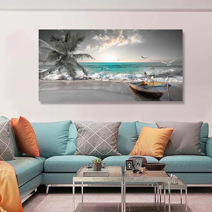 Beach Sea Wave Pictures Canvas Wall Art For Living Room Bedroom Wall Decor,Sea Wave Wall Art Print Paitnings For Home Decor,Morden Artwork Palm Boat Canvas Art Waterproof Ready To Hang-28x57 Inches