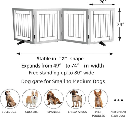 ZJSF Freestanding Dog Gate Indoor, Foldable Dog Fence for Doorways,Hallways or Stairs, Sturdy Wood Extra Wide Pet Gate with Support Feet,White,24 "Height-4 Panels