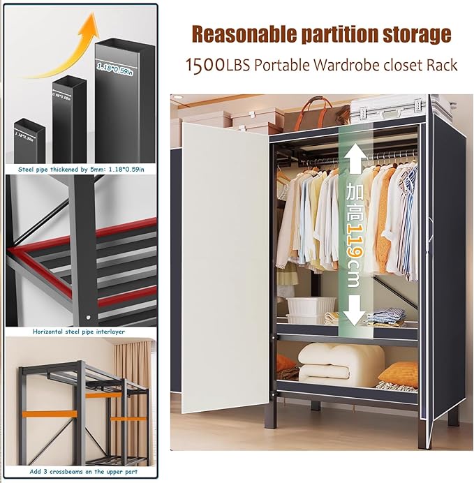 Heavy Duty Clothes Rack with Magnetic Door, Metal Foldable Covered Clothes Rack, Portable Wardrobe Closet System for Hanging Clothes, Rolling Garment Racks for Bedroom (Brown Doors, 59in)