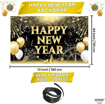 KatchOn, XtraLarge Happy New Year Banner - 72x44 Inch | New Years Backdrop for New Year Decorations 2026 | New Years Eve Party Supplies 2026 | NYE Decorations 2026