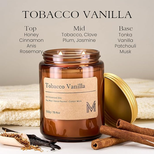 M&SENSE Tobacco Vanilla Scented Christmas Candle Gift | 19.4oz, 115-Hour Burn | Natural Organic Soy Wax | Long-Lasting for Stress Relief and Gifting | for Christmas, Thanksgiving, Holiday