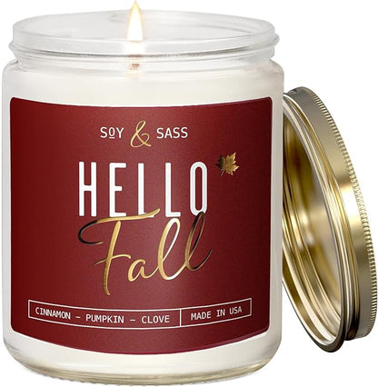 Fall Candles - 'Hello Fall Scented Candle' w/Cinnamon, Pumpkin & Fir I Infused with Essential Oils Autumn Scented Soy Candles for Home Décor, 9oz Reusable Jar, 50Hr Burn, Made in USA