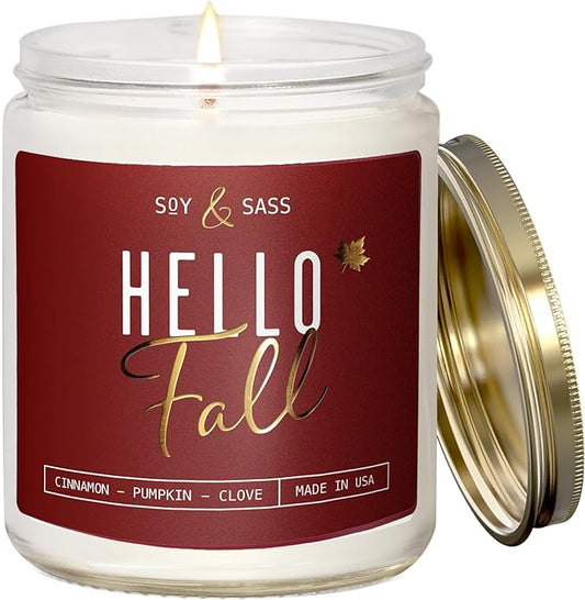 Fall Candles - 'Hello Fall Scented Candle' w/Cinnamon, Pumpkin & Fir I Infused with Essential Oils Autumn Scented Soy Candles for Home Décor, 9oz Reusable Jar, 50Hr Burn, Made in USA
