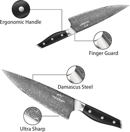 Damascus Knife Set with Block for Kitchen, VG10 Damascus Steel Kitchen Knife Set with Triple Rivet Handle, Chef Knife Set with Shears & Wooden Block, 7PCS
