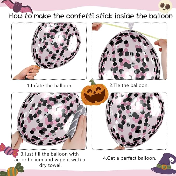 FunHot Halloween Party Balloons, 60Pcs Pink Black Halloween Balloon, 12 Inch Black Pink Confetti Balloons Bat Ghost BOO Printed Pattern Balloon with Ribbons for Kids Birthday Halloweens Decoration