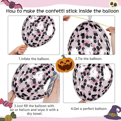 FunHot Halloween Party Balloons, 60Pcs Pink Black Halloween Balloon, 12 Inch Black Pink Confetti Balloons Bat Ghost BOO Printed Pattern Balloon with Ribbons for Kids Birthday Halloweens Decoration