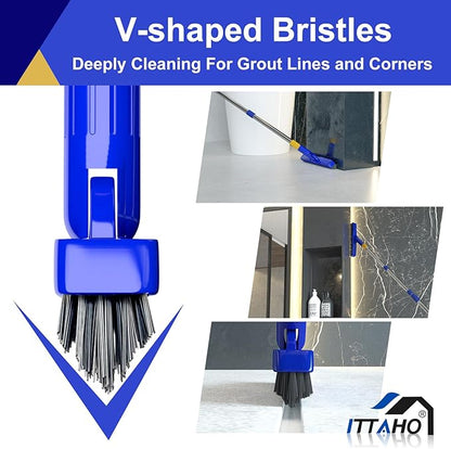 ITTAHO 12" Wide Floor Scrub and Grout Brush Set With Long Extendable Handle - Stiff Bristle Heavy Duty Cleaner for Tile, Deck, Garage, Kitchen, Bathroom