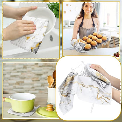 10 Pcs Christmas Marble Farmhouse Kitchen Decor Accessories Set Marble Kitchen Dish Towels Rugs Oven Mitts and Pot Holders Sets for Cooking Baking Daughter Mom Gift(White)