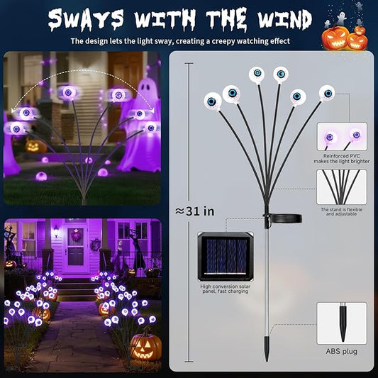 Halloween Outdoor Decorations, Solar Scary Eyeball Lights, 4PACKS 24LED Solar Eyeball Pathway Lights, Steady On & Flash Outdoor Halloween, IP65 Waterproof decorations for Yard/Lawn/Decor(Purple)