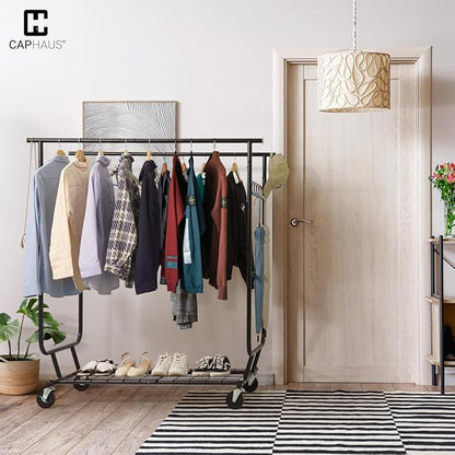 CAPHAUS Heavy Duty Clothes Rack with Double Rods, 660LBS Capacity Rolling Clothing Rack for Hanging Clothes, Adjustable Metal Wardrobe Rack, Garment Rack with Shelf, Wheels, Extendable Rods, Black