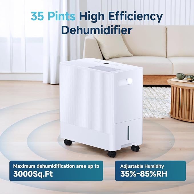 35 Pints Dehumidifier for Basement with Drain Hose,3000 Sq.Ft Dehumidifiers for Home,With 24-Hour Timer Function,Automatic Defrost,Multiple Dehumidification Modes,Suitable for Large Rooms