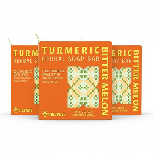 Turmeric & Bitter Melon 2-in-1 Luxurious Natural Soap Bar | Pack of 3 | Refreshing Cleanse for Sweat, Oil & Buildup | Cooling Lemongrass Peppermint | Cold Process | Handmade in Vietnam