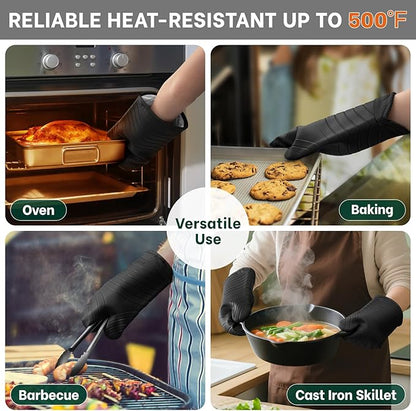 Beneno Premium Silicone Oven Mitts 2-Pack Heat Resistant 500°F, Soft Flexible Non-Slip Grips, BPA-Free & Waterproof Oven Mitts with Comfort Cotton Lining for Baking, Grilling, Cooking, 7"x13", Black