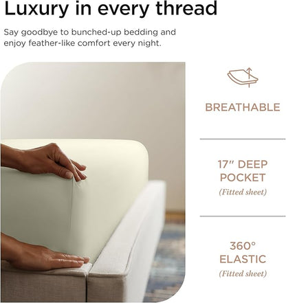 Threadmill Supima Cotton Sheets - Queen, 1000 Thread Count, 4 Piece Luxury Bedding Set, Hotel Quality Sateen Weave, Ivory with Elasticized Deep Pocket
