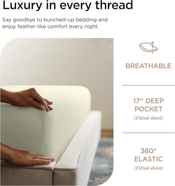 Threadmill Premium 1200 Thread Count Supima Cotton Sheets for King Size Bed, 4 Pc Deep Pocket King Sheets Set, Ivory, 5-Star Hotel Quality